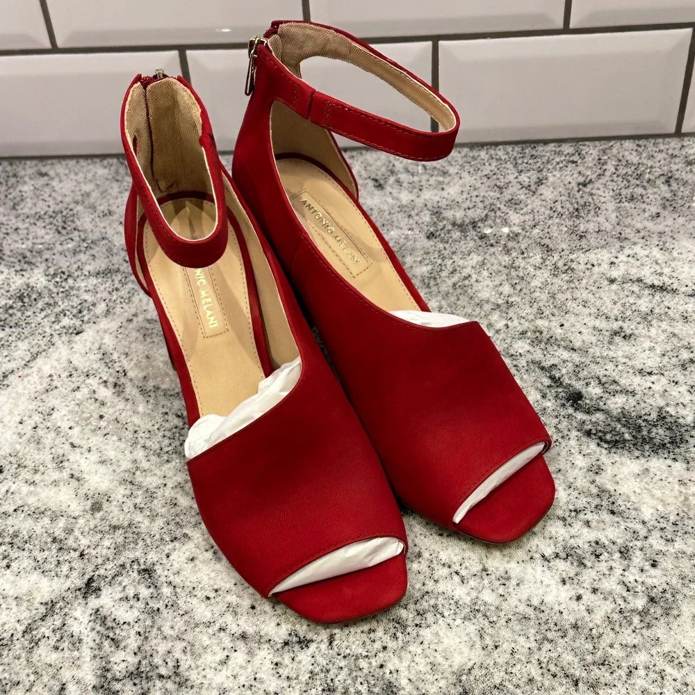 Antonio Melani Womens 7M Ehren Heels Red Rouge Suede Peep Toe Block Zip Glam